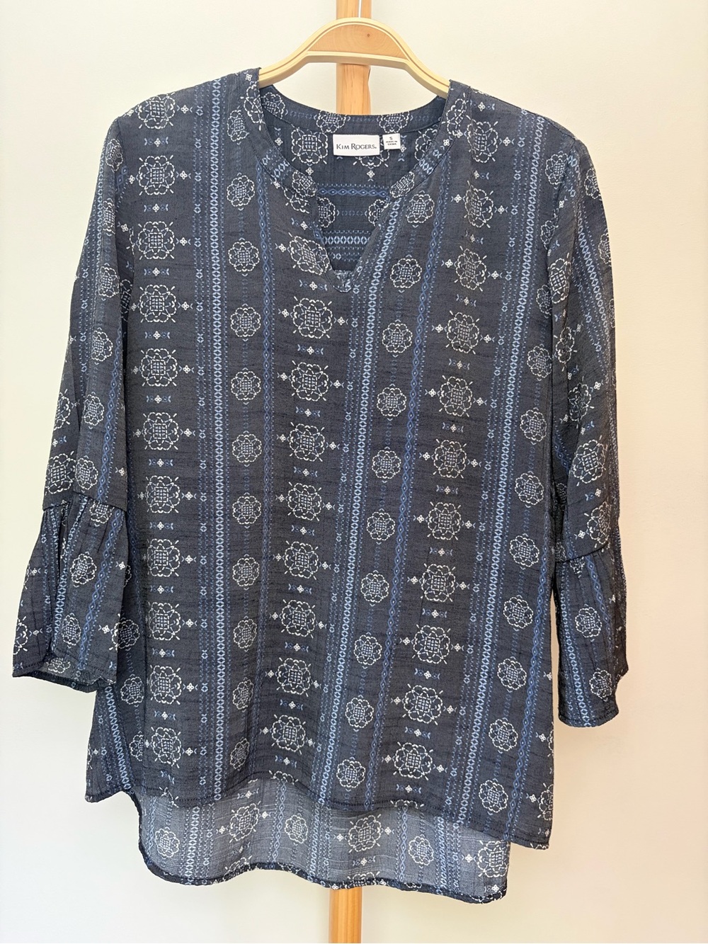 Kim Rogers Navy Blue Printed Boho Peasant Tunic Top Blouse Bell Sleeves Small